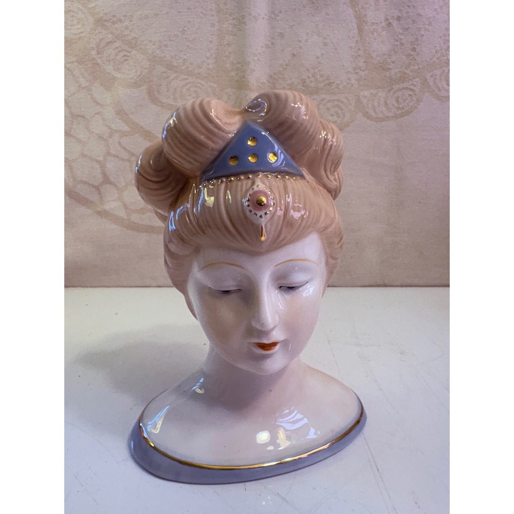 Vintage Ceramic Lady Head Vase Victorian Style Blue Tiara Gold Trim Bust 6 inch